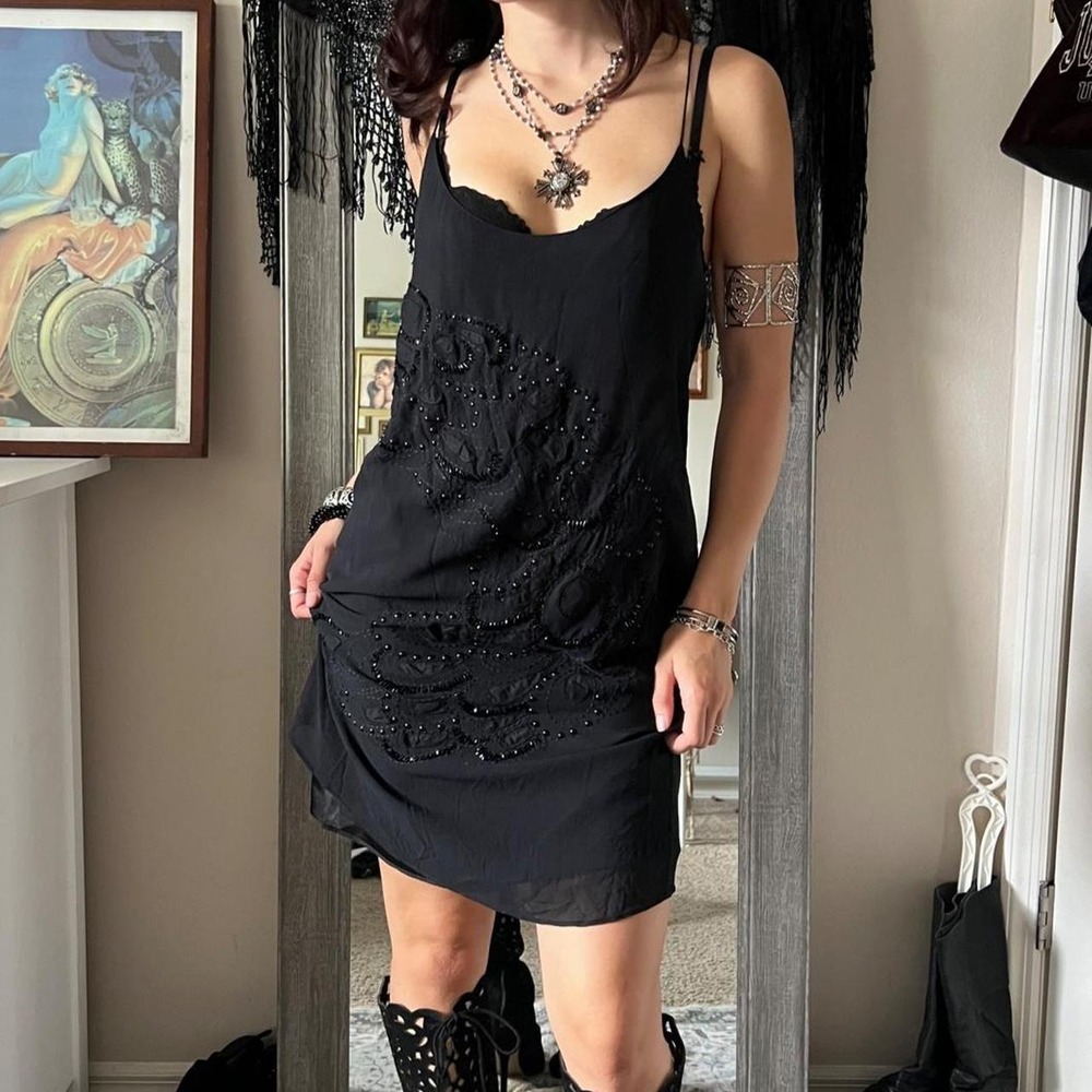 Jenny Han Silk Beaded Studded Dress Black Indie Sleaze 2000s Medium